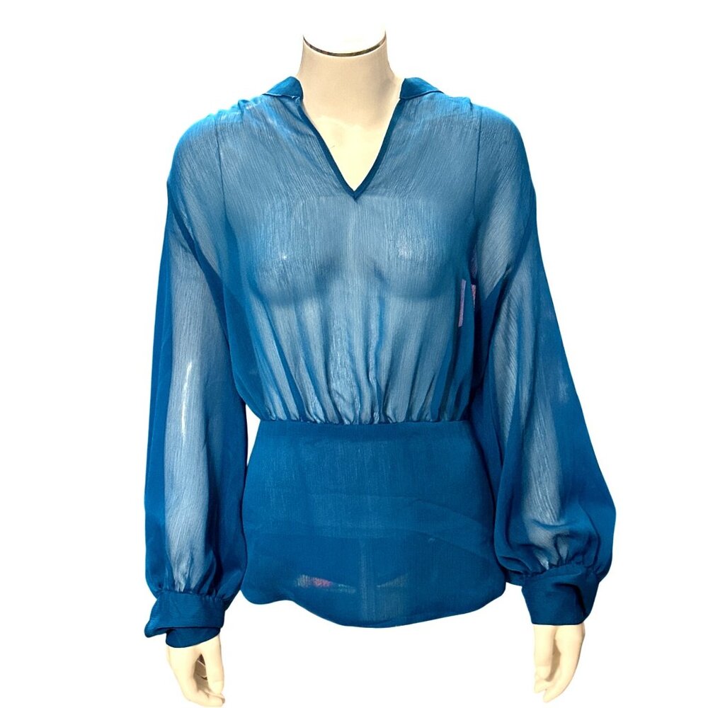 7th Avenue New York Company Large Teal Sheer Blouse V neck Long Sleeve City Chic - Picture 2 of 13